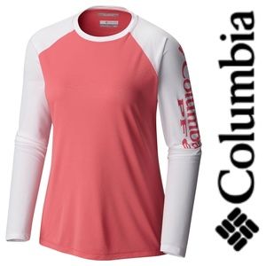 Columbia Women's Long Sleeve Performance Tee in Coral and White